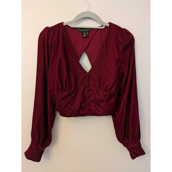 House of Harlow 1960 Red Velvet Long Sleeve Crop Top Revolve Puff Sleeve Small - Picture 1 of 11